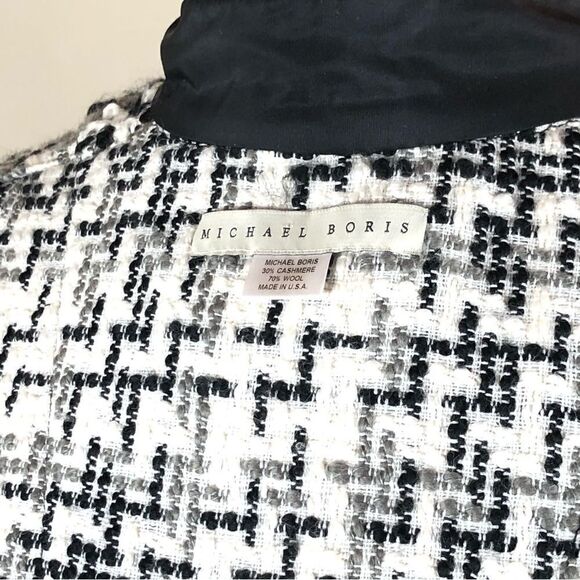 Michael Boris Check Coat Cashmere & Wool in Black & White Houndstooth Mid Length - Picture 8 of 9